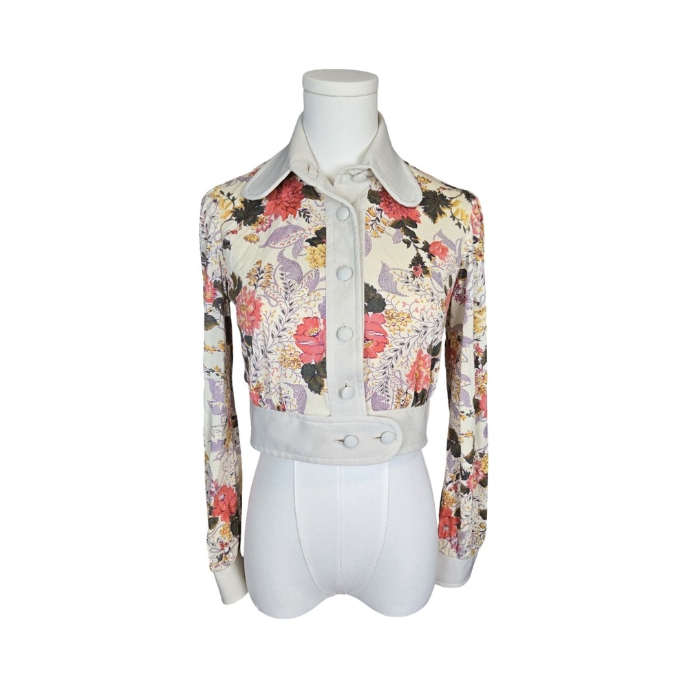 Vintage 70s Floral Crop Jacket Button Up Long Sleeve Cream Pink Yellow SM